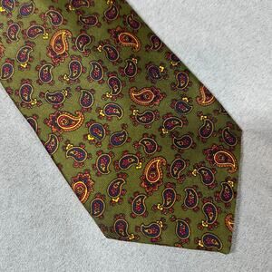 The Andover Shop Green Paisley Silk Tie Made in England 100% Silk Red Yellow